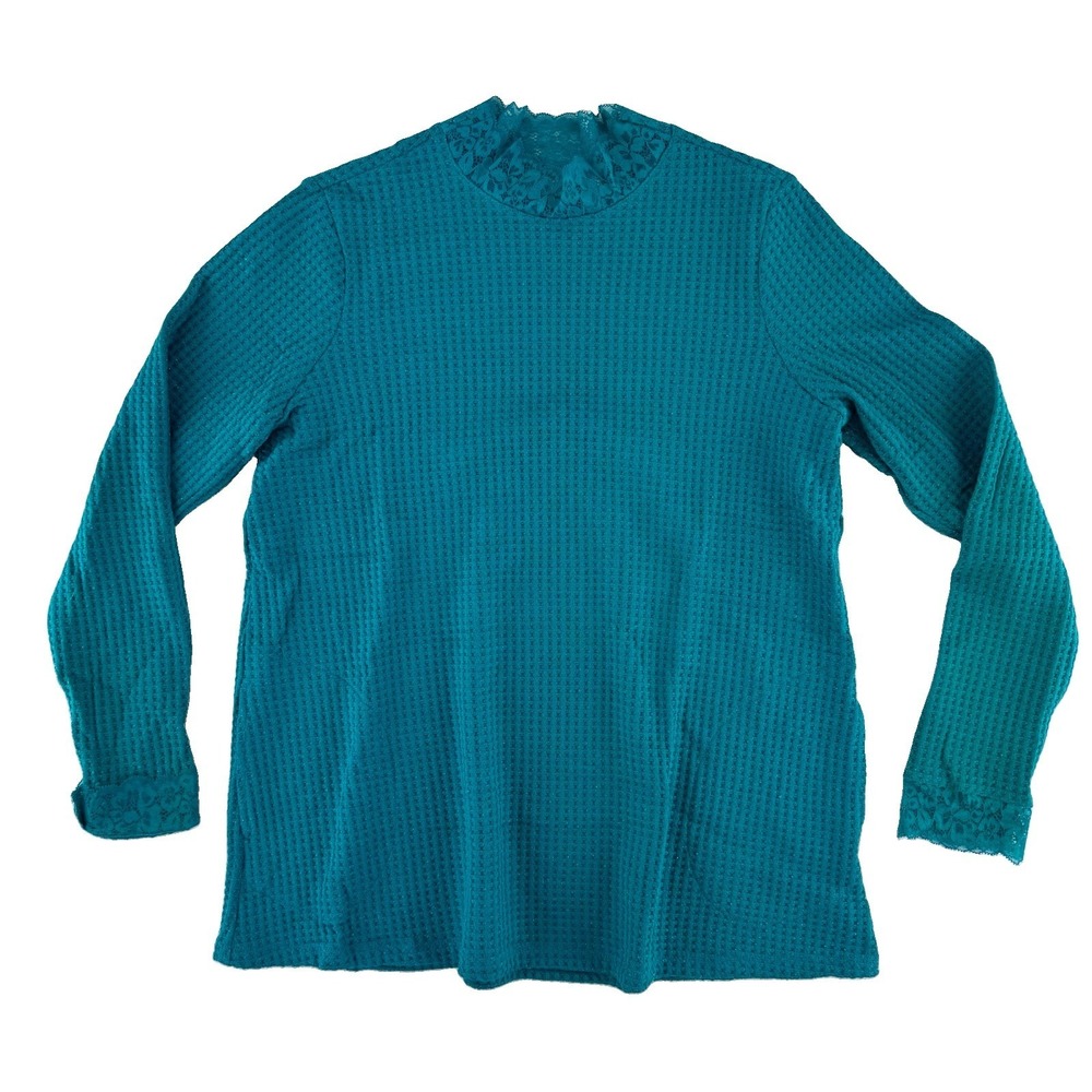 LOGO by Lori Goldstein Metallicβ Waffle Knit Mock Neck Top XS Blue Grass Green